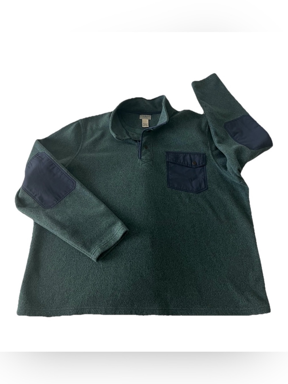 LL Bean Pullover Fleece Jacket Mens 2XL Green Blue 1/4 Snap Elbow Patches